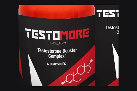 Testomore label with the logo and molecule – Testosterone Booster Complex